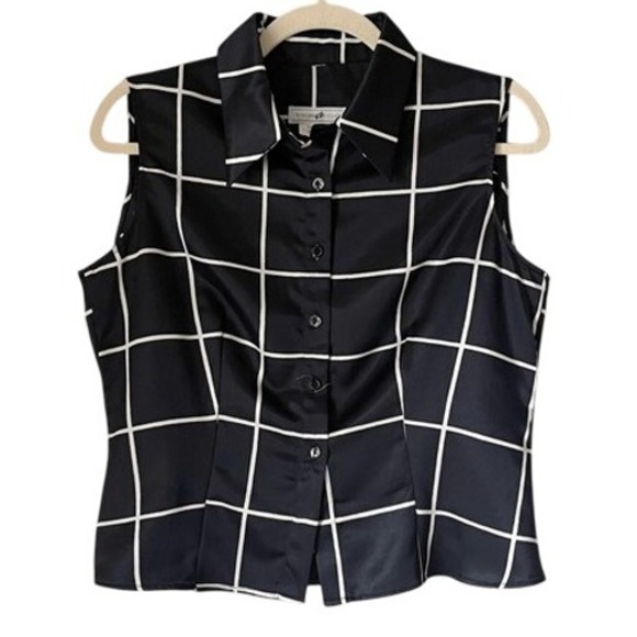 90s VTG Vertigo Paris Sleeveless Top Grid Pattern Button Down Blouse Career S‎ - Picture 1 of 5
